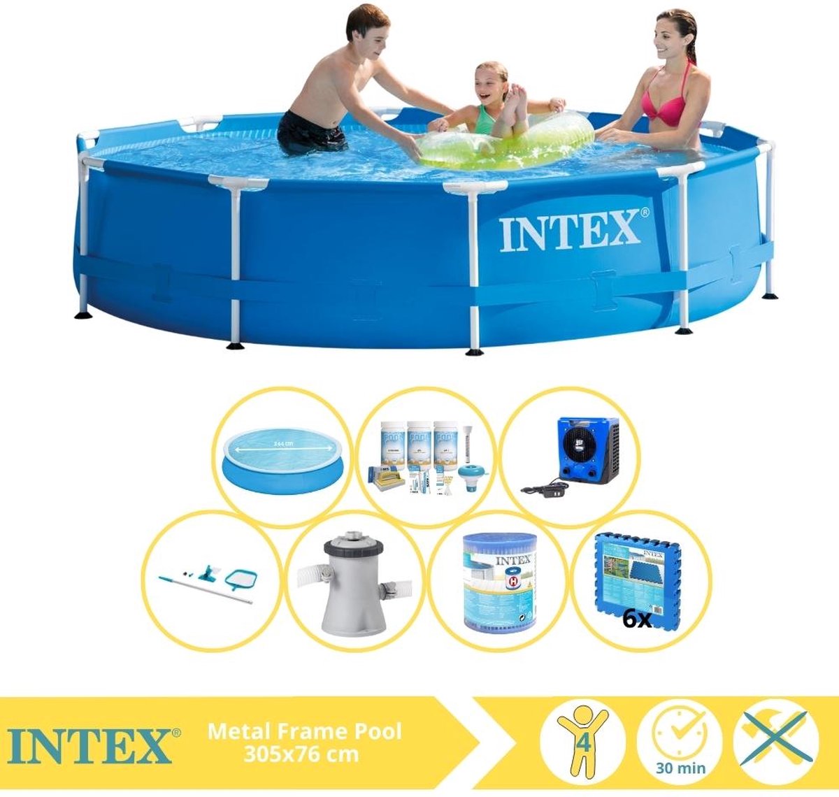   Metal Frame Zwembad - Opzetzwembad - 305x76 cm - Inclusief Solarzeil, Onderhoudspakket, Zwembadpomp, Filter, Onderhoudsset, Zwembadtegels en Warmtepomp HS