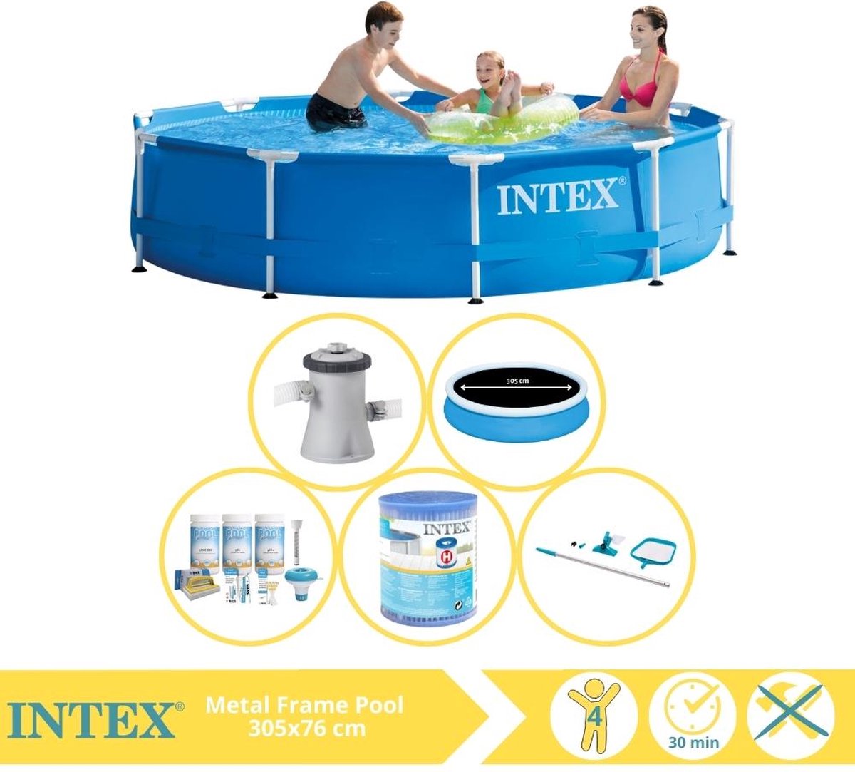   Metal Frame Zwembad - Opzetzwembad - 305x76 cm - Inclusief Solarzeil Pro, Onderhoudspakket, Filter en Onderhoudsset