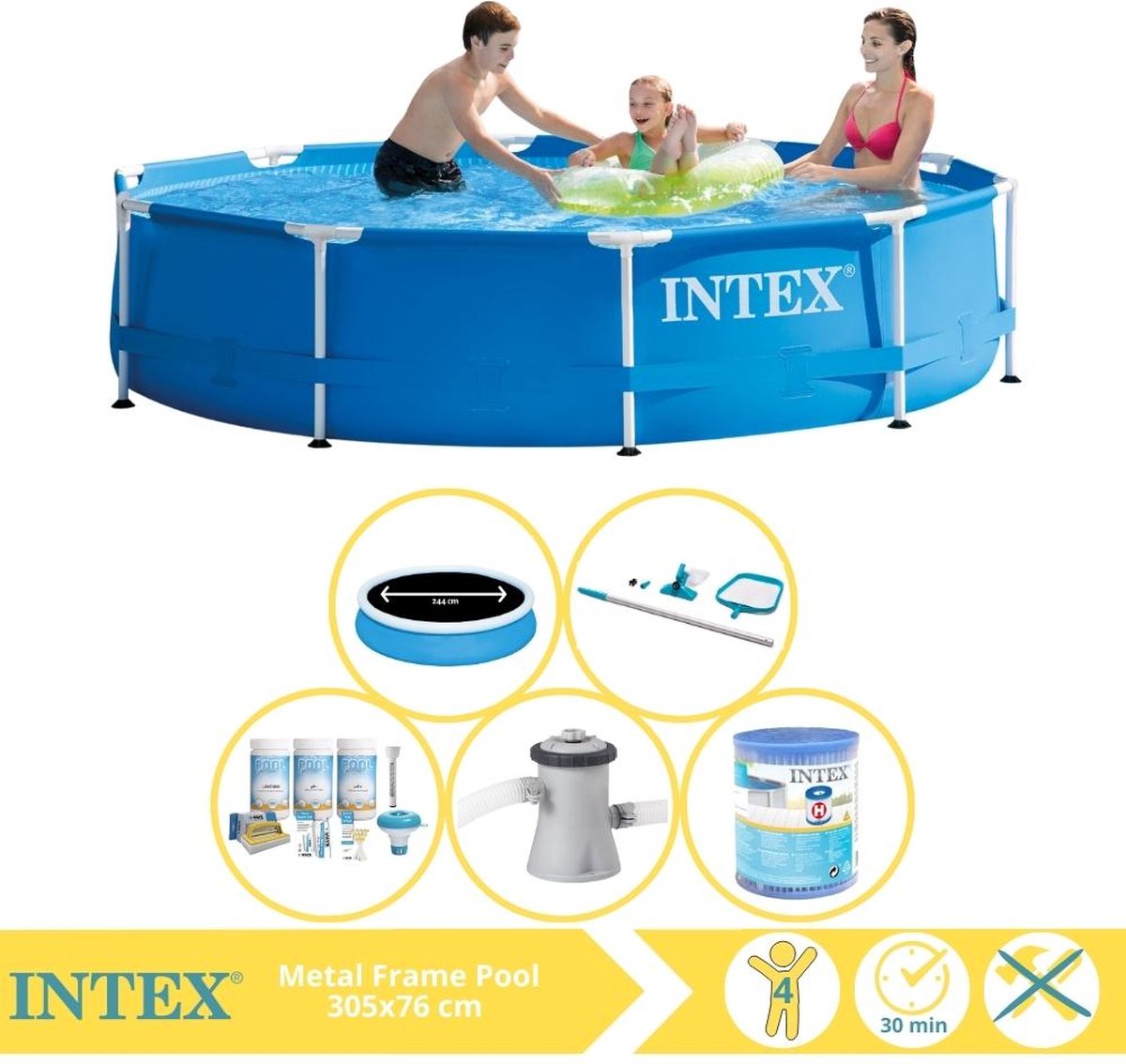   Metal Frame Zwembad - Opzetzwembad - 305x76 cm - Inclusief Solarzeil Pro, Onderhoudspakket, Zwembadpomp, Filter en Onderhoudsset