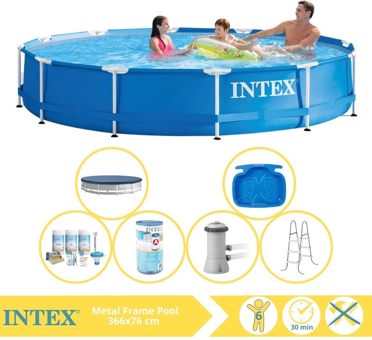   Metal Frame Zwembad - Opzetzwembad - 366x76 cm - Inclusief Afdekzeil, Onderhoudspakket, Zwembadpomp, Filter, Trap en Voetenbad