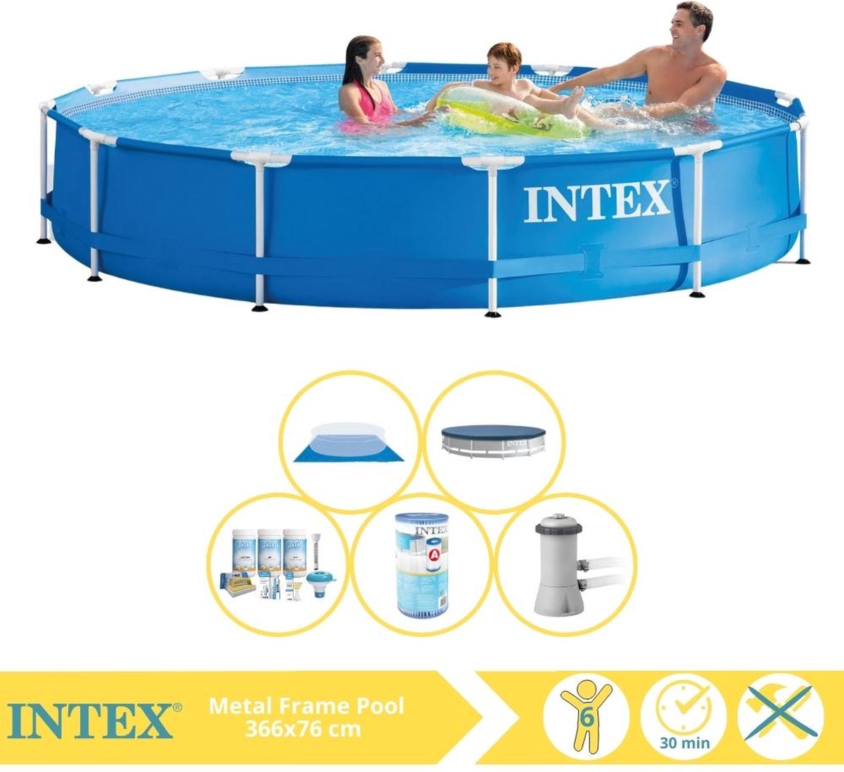   Metal Frame Zwembad - Opzetzwembad - 366x76 cm - Inclusief Afdekzeil, Onderhoudspakket, Zwembadpomp, Filter en Grondzeil