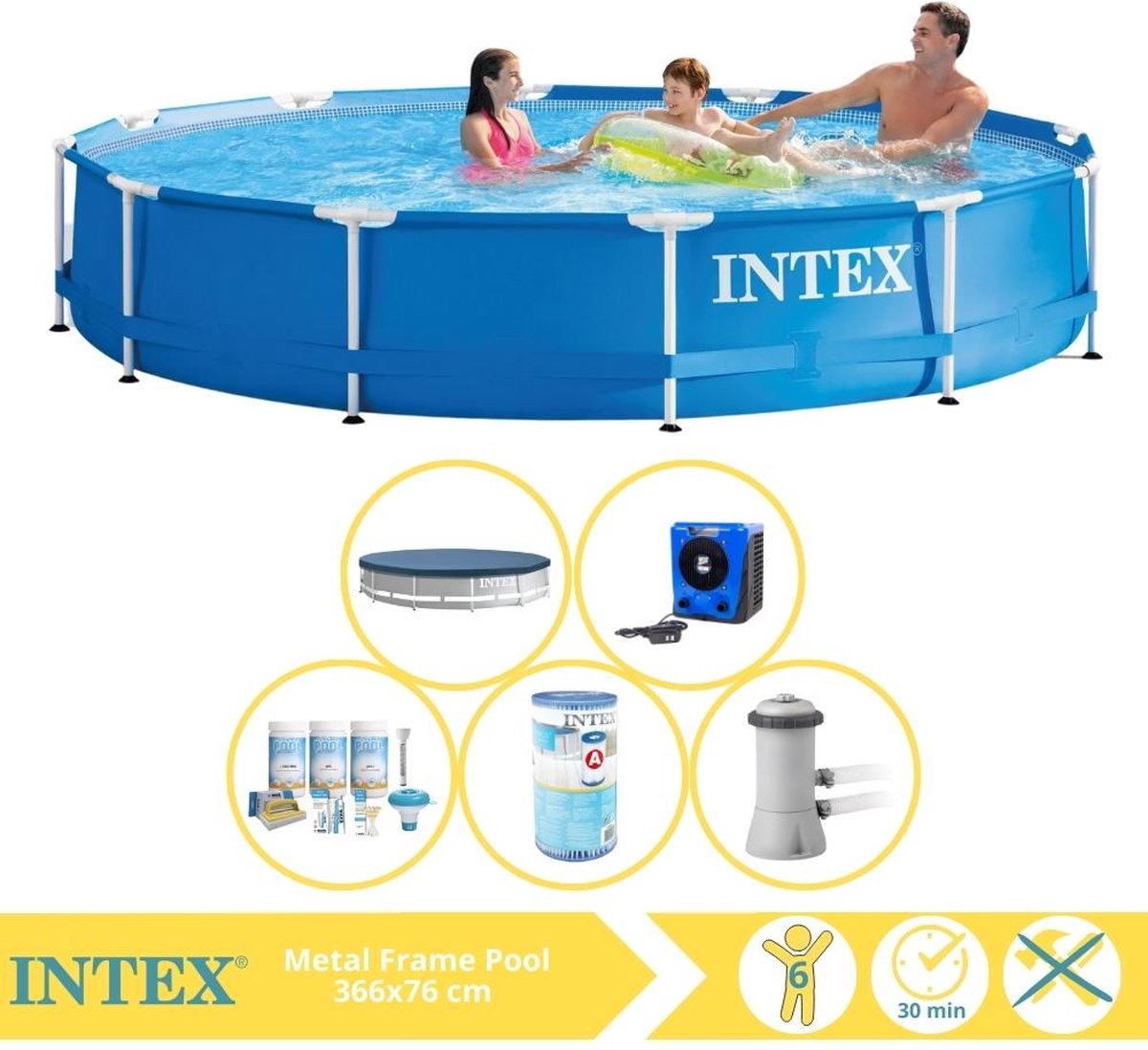   Metal Frame Zwembad - Opzetzwembad - 366x76 cm - Inclusief Afdekzeil, Onderhoudspakket, Zwembadpomp, Filter en Warmtepomp HS
