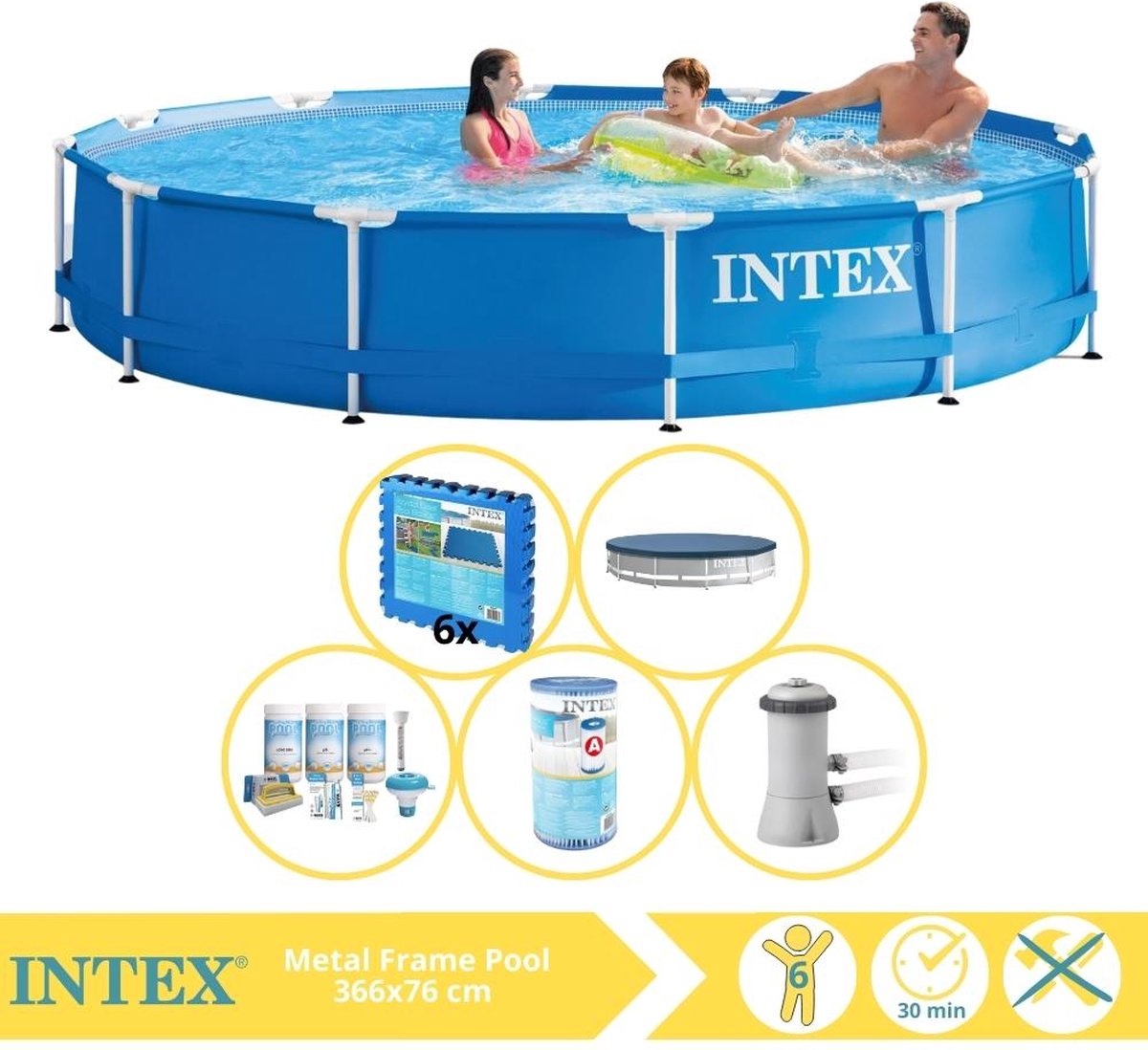   Metal Frame Zwembad - Opzetzwembad - 366x76 cm - Inclusief Afdekzeil, Onderhoudspakket, Zwembadpomp, Filter en Zwembadtegels