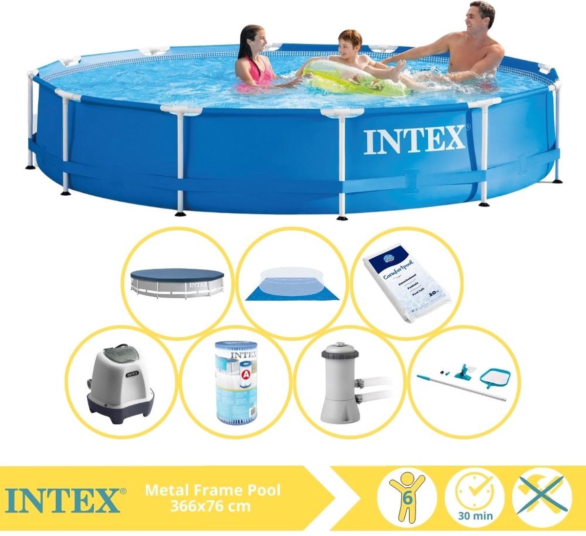   Metal Frame Zwembad - Opzetzwembad - 366x76 cm - Inclusief Afdekzeil, Zwembadpomp, Filter, Grondzeil, Onderhoudsset, Zoutsysteem en Zout