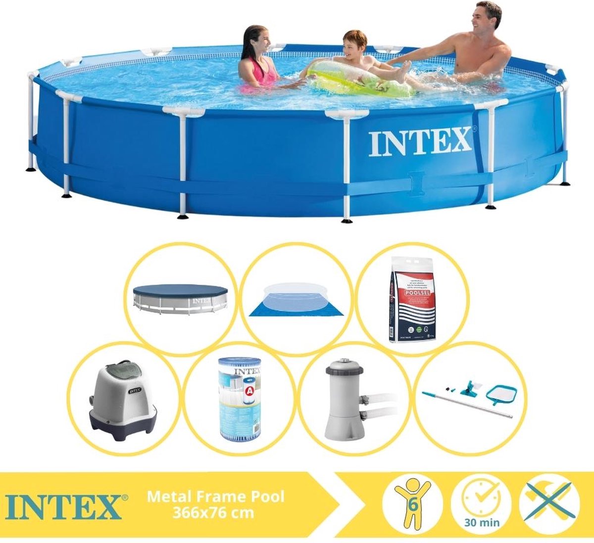   Metal Frame Zwembad - Opzetzwembad - 366x76 cm - Inclusief Afdekzeil, Zwembadpomp, Filter, Grondzeil, Onderhoudsset, Zoutsysteem en Zout
