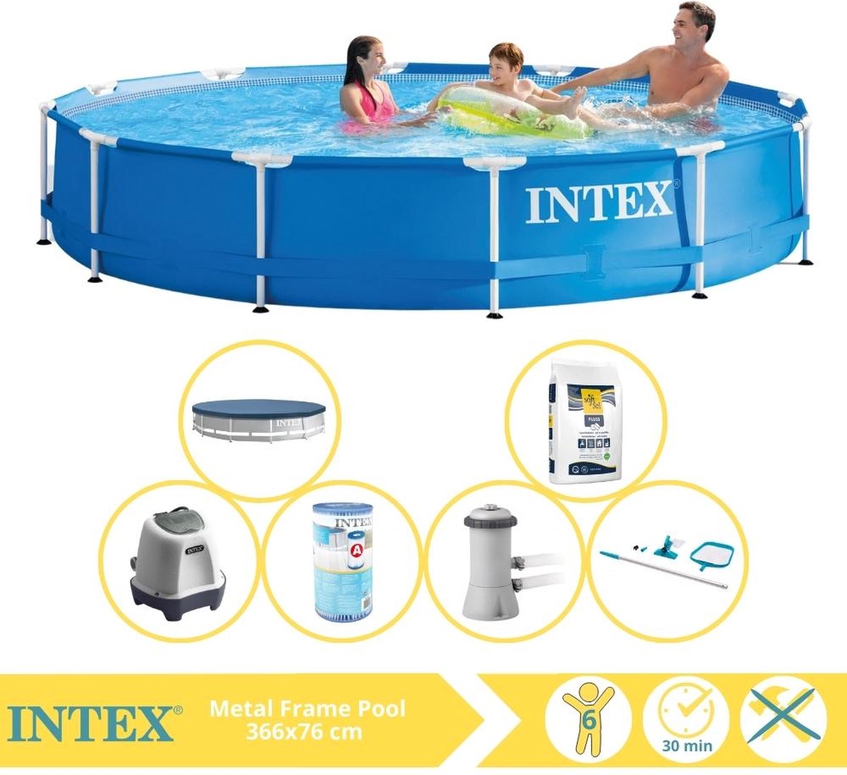   Metal Frame Zwembad - Opzetzwembad - 366x76 cm - Inclusief Afdekzeil, Zwembadpomp, Filter, Onderhoudsset, Zoutsysteem en Zout