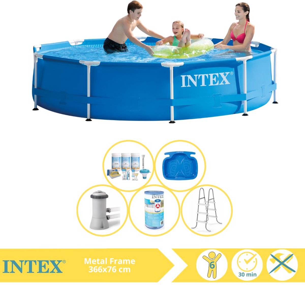   Metal Frame Zwembad - Opzetzwembad - 366x76 cm - Inclusief Onderhoudspakket, Filter, Trap en Voetenbad