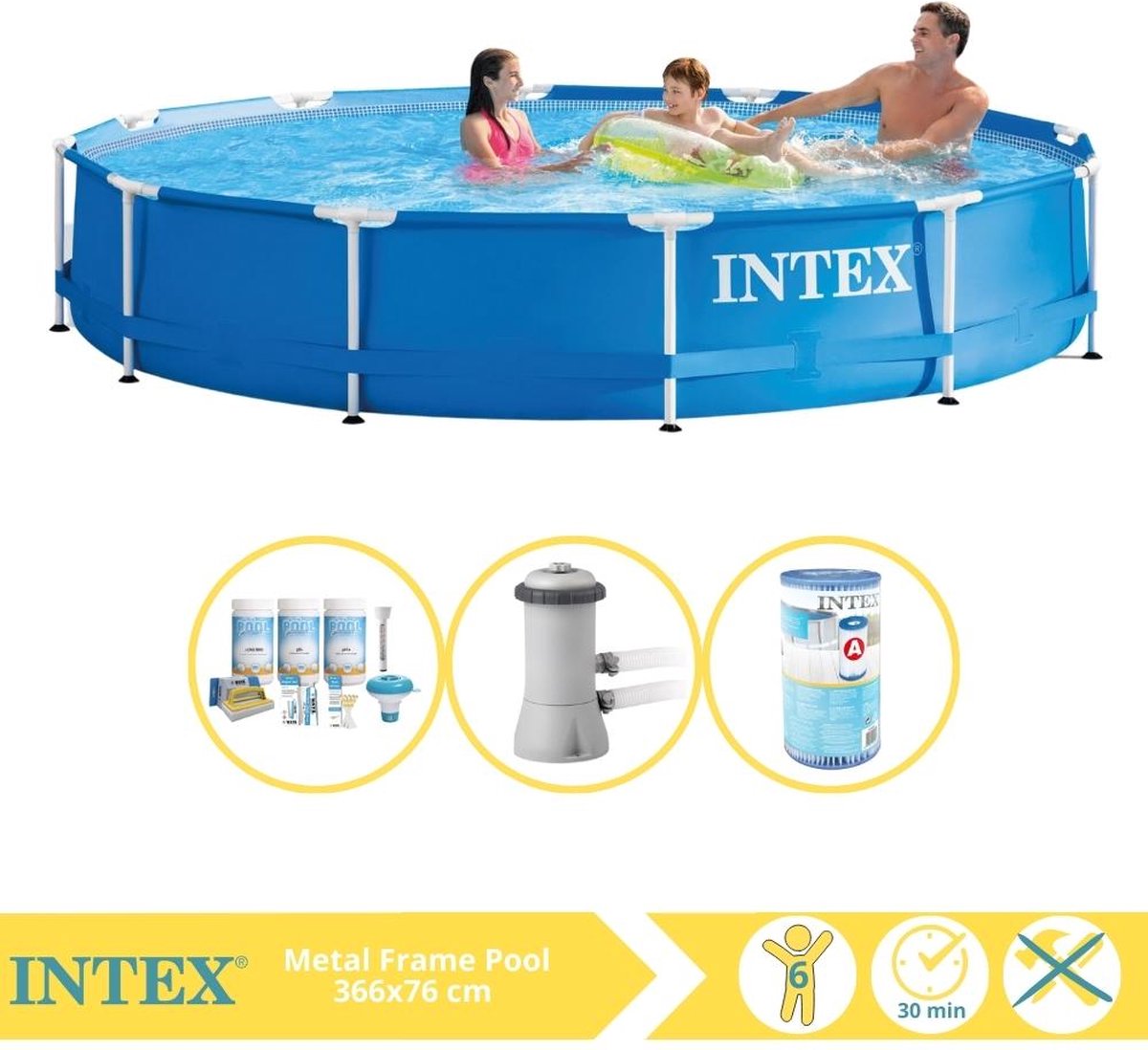   Metal Frame Zwembad - Opzetzwembad - 366x76 cm - Inclusief Onderhoudspakket, Zwembadpomp en Filter