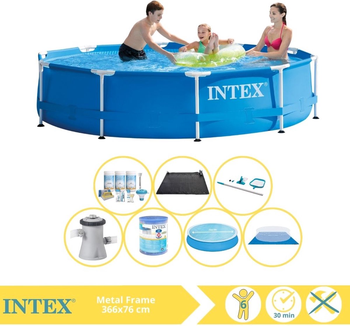   Metal Frame Zwembad - Opzetzwembad - 366x76 cm - Inclusief Solarzeil, Onderhoudspakket, Filter, Grondzeil, Onderhoudsset en Solar Mat