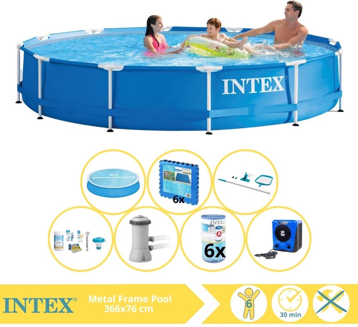   Metal Frame Zwembad - Opzetzwembad - 366x76 cm - Inclusief Solarzeil, Onderhoudspakket, Zwembadpomp, Filter, Onderhoudsset, Zwembadtegels en Warmtepomp HS
