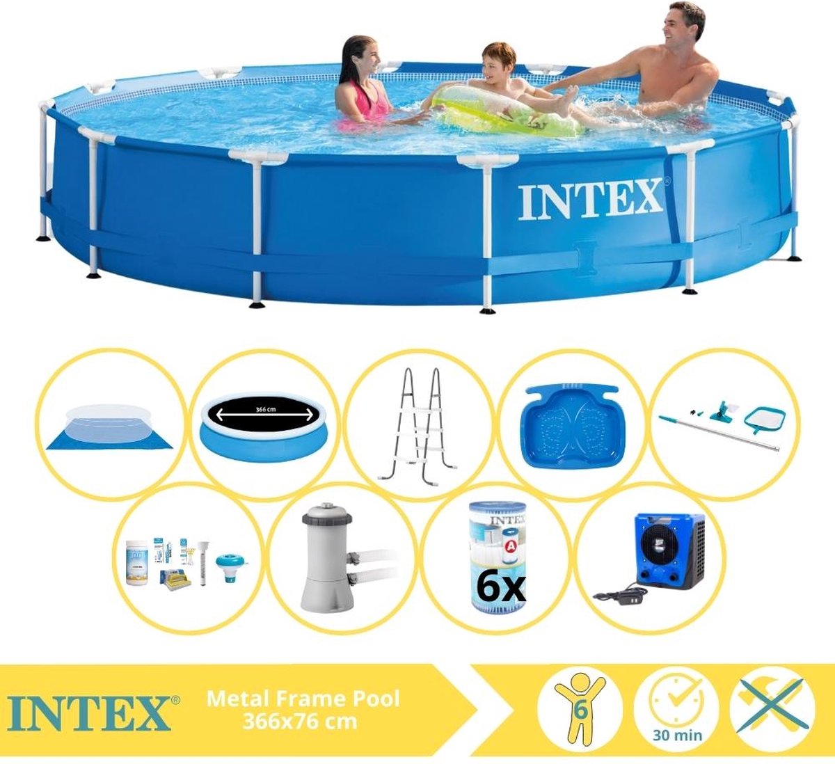   Metal Frame Zwembad - Opzetzwembad - 366x76 cm - Inclusief Solarzeil Pro, Onderhoudspakket, Zwembadpomp, Filter, Grondzeil, Onderhoudsset, Trap, Voetenbad en Warmtepomp HS