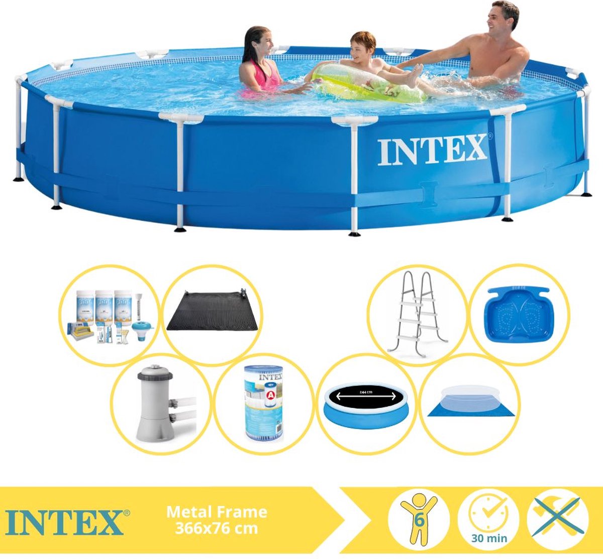   Metal Frame Zwembad - Opzetzwembad - 366x76 cm - Inclusief Solarzeil Pro, Onderhoudspakket, Zwembadpomp, Filter, Grondzeil, Solar Mat, Trap en Voetenbad
