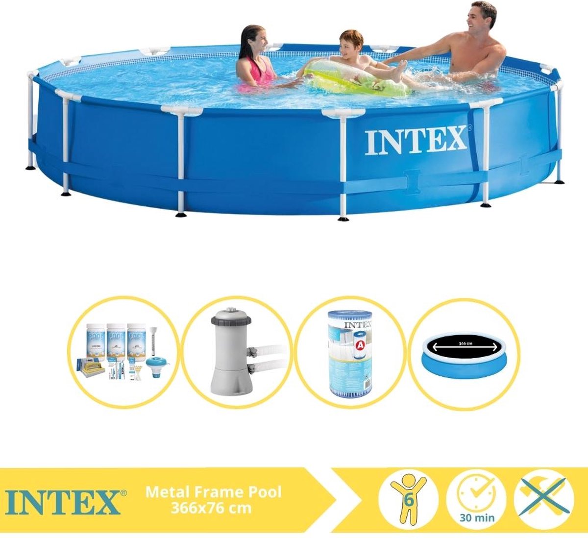   Metal Frame Zwembad - Opzetzwembad - 366x76 cm - Inclusief Solarzeil Pro, Onderhoudspakket, Zwembadpomp en Filter