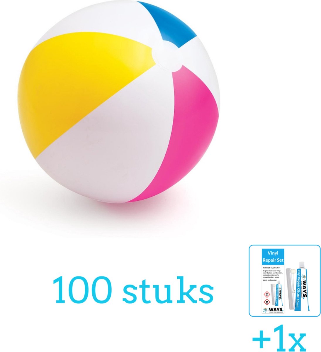 Intex Opblaasbare Strandbal Glossy - Medium - 61 cm - 59030NP - Diameter 61 cm - 100 stuks - Voordeelverpakking - Inclusief WAYS Reparatiesetje (1 stuks)