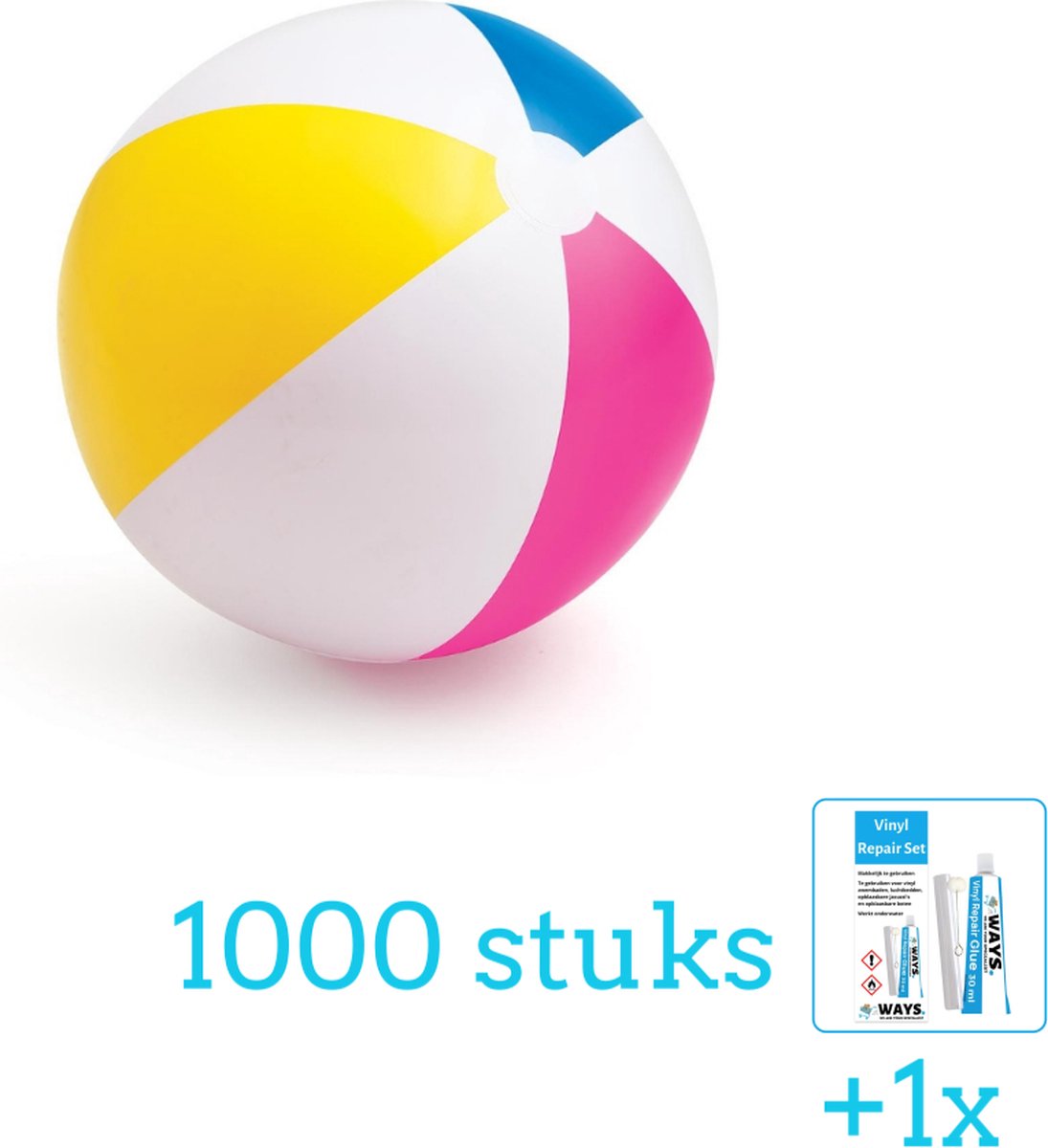 Intex Opblaasbare Strandbal Glossy - Medium - 61 cm - 59030NP - Diameter 61 cm - 1000 stuks - Voordeelverpakking - Inclusief WAYS Reparatiesetje (1 stuks)