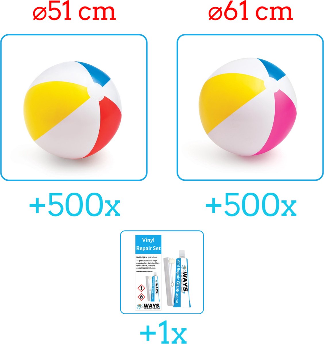   Opblaasbare  len -   Voordeelverpakking - 2 x 500 stuks -   Jumbo - Diameter 51 en 61 cm - Ideal voor Festivals - Inclusief handig Reparatiesetje