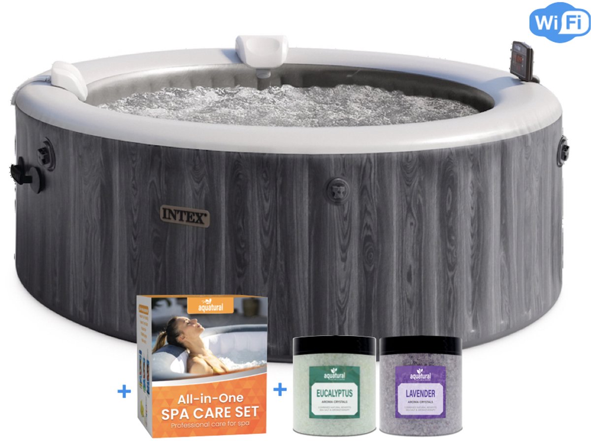 Intex PREMIUM PureSpa Bubble Deluxe Greywood + Aquatural Care Set + WiFi - 4 pers