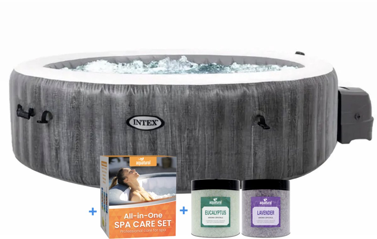 Intex PREMIUM PureSpa Greywood Bubble Deluxe + Aquatural Care Set + WiFi
