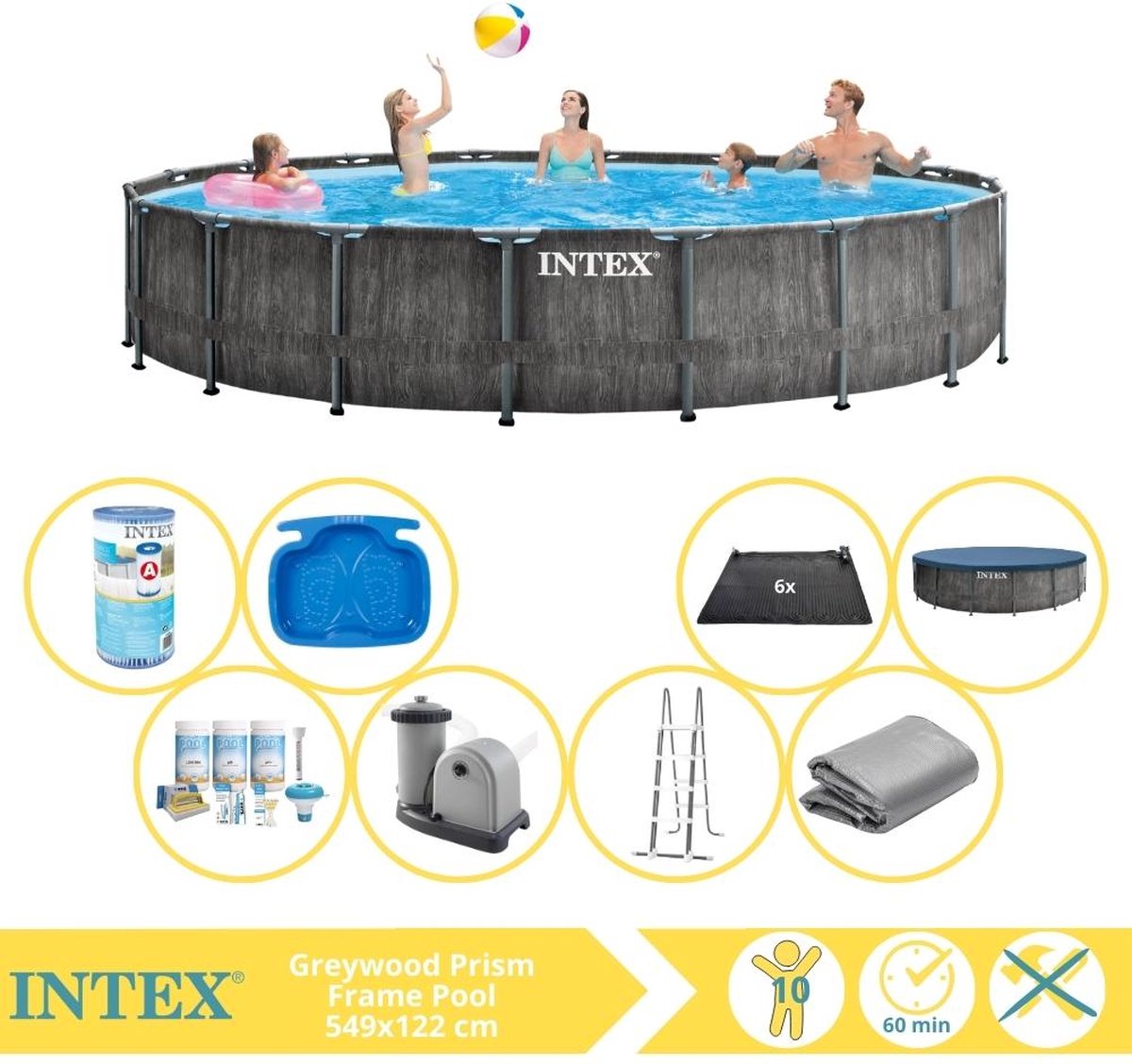   Prism Frame Greywood Zwembad - Opzetzwembad - 549x122 cm - Inclusief Onderhoudspakket, Filter, Solar Mat en Voetenbad