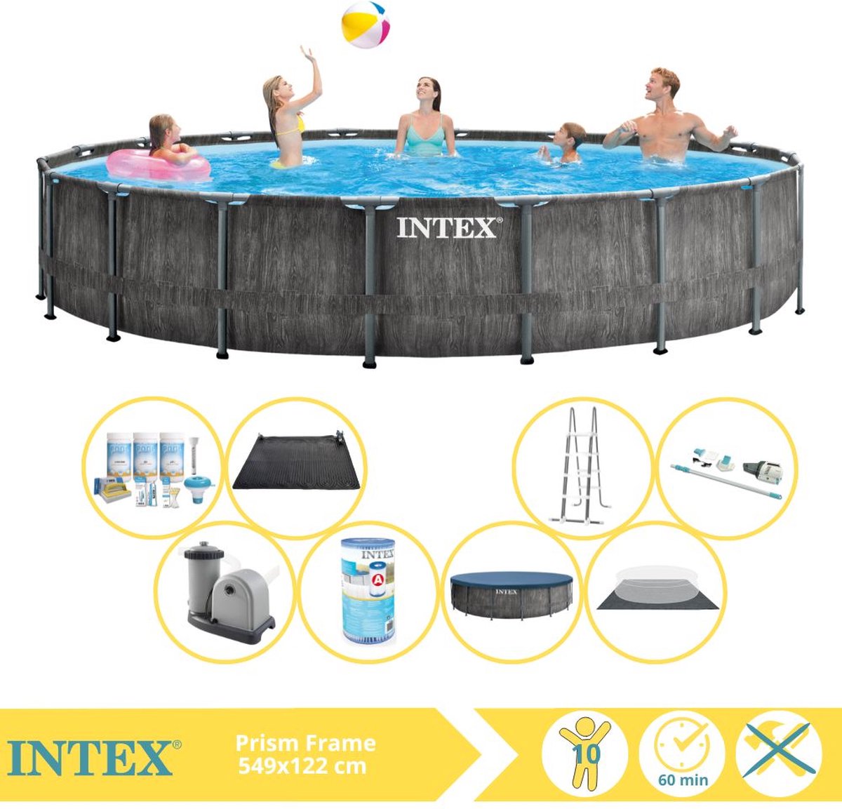   Prism Frame Greywood Zwembad - Opzetzwembad - 549x122 cm - Inclusief Onderhoudspakket, Filter, Stofzuiger en Solar Mat