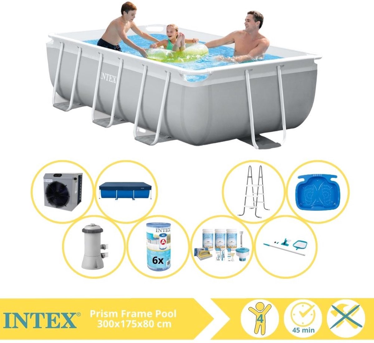   Prism Frame Zwembad - Opzetzwembad - 300x175x80 cm - Inclusief Afdekzeil, Onderhoudspakket, Filter, Onderhoudsset, Voetenbad en Warmtepomp CP