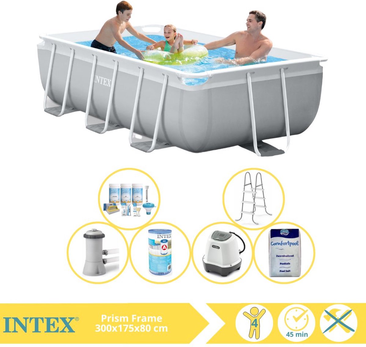   Prism Frame Zwembad - Opzetzwembad - 300x175x80 cm - Inclusief Filter, Zoutsysteem en Zout