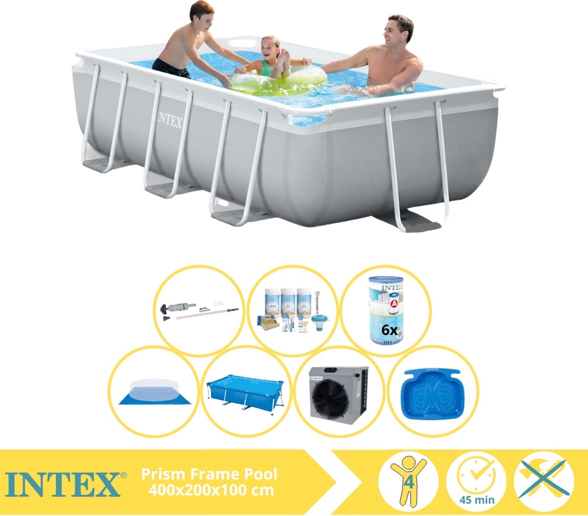   Prism Frame Zwembad - Opzetzwembad - 300x175x80 cm - Inclusief Solarzeil, Onderhoudspakket, Filter, Grondzeil, Stofzuiger, Voetenbad en Warmtepomp HS