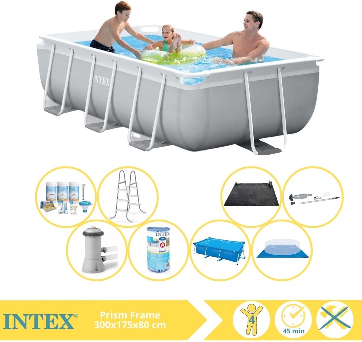   Prism Frame Zwembad - Opzetzwembad - 300x175x80 cm - Inclusief Solarzeil, Onderhoudspakket, Filter, Grondzeil, Stofzuiger en Solar Mat
