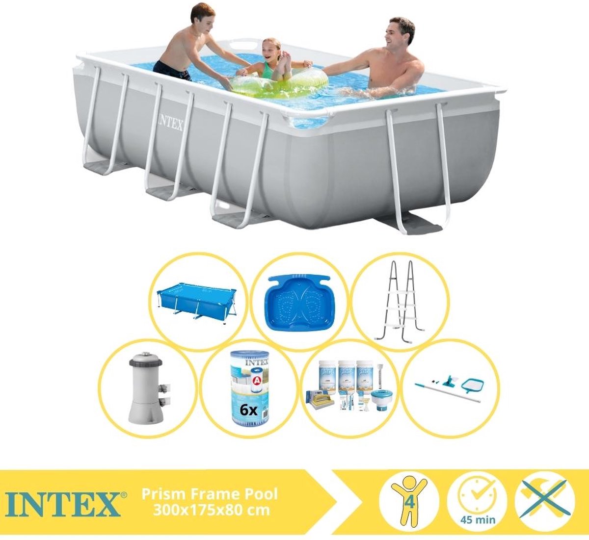   Prism Frame Zwembad - Opzetzwembad - 300x175x80 cm - Inclusief Solarzeil, Onderhoudspakket, Filter, Onderhoudsset en Voetenbad