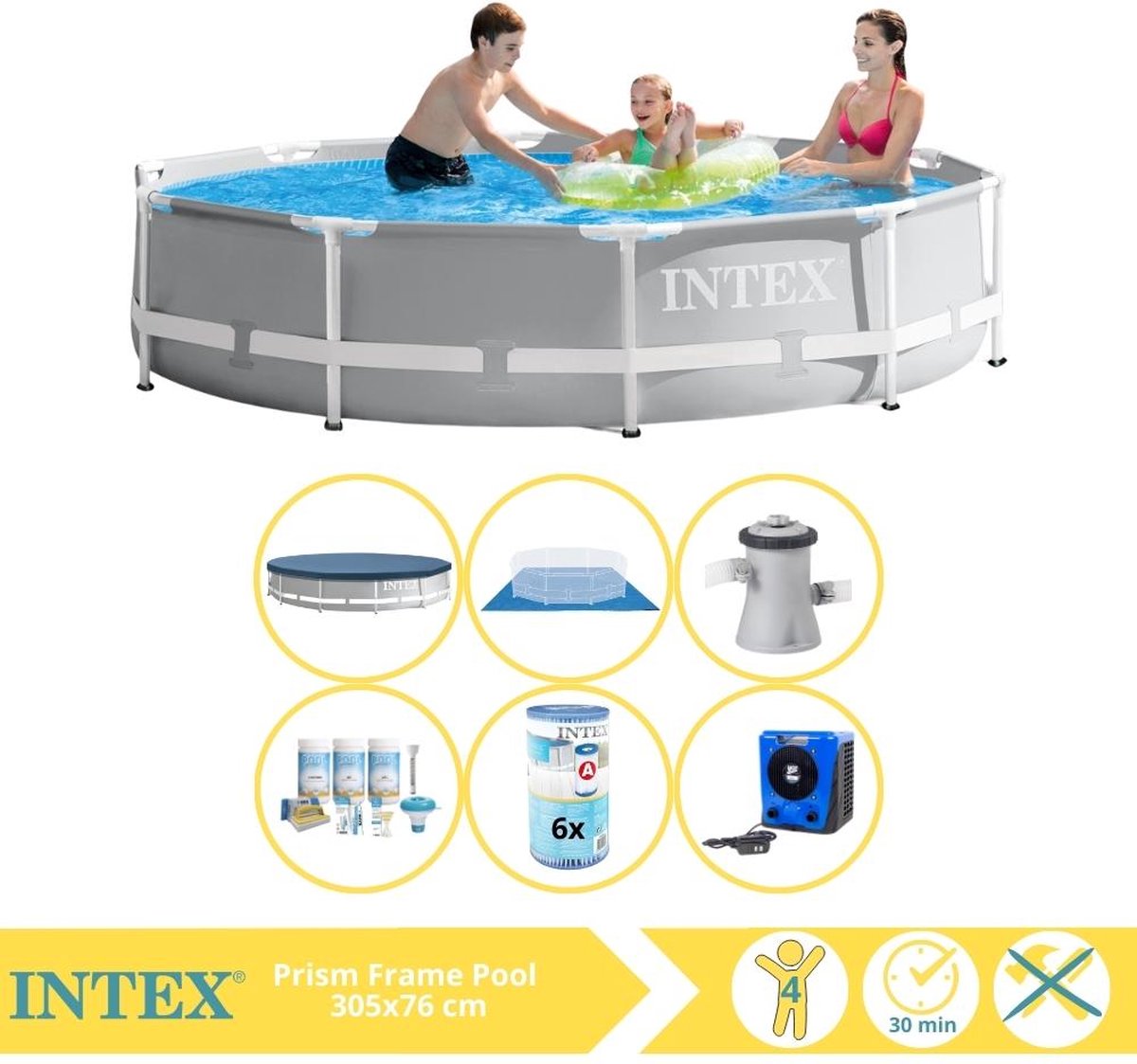   Prism Frame Zwembad - Opzetzwembad - 305x76 cm - Inclusief Afdekzeil, Onderhoudspakket, Filter, Grondzeil en Warmtepomp HS