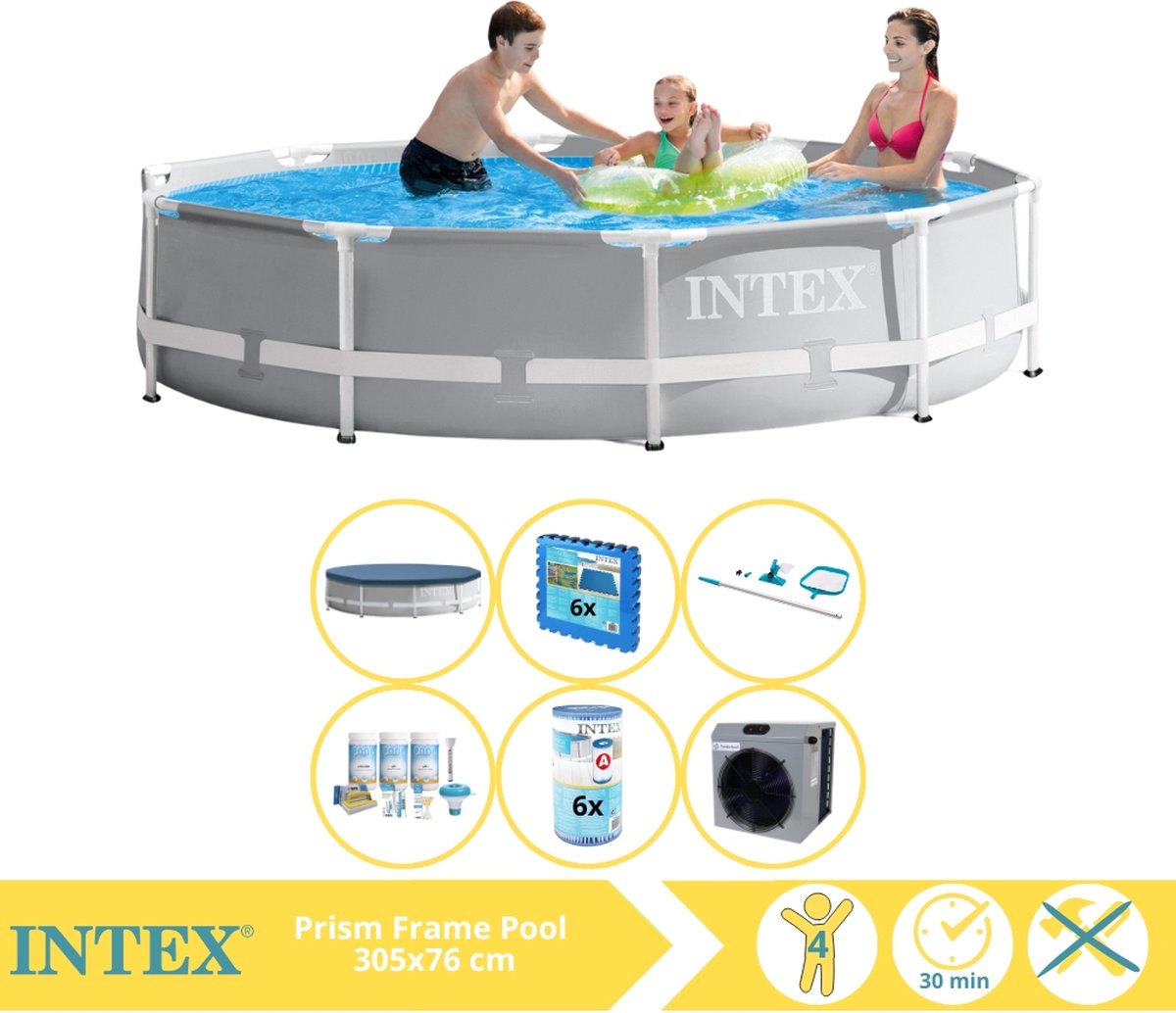   Prism Frame Zwembad - Opzetzwembad - 305x76 cm - Inclusief Afdekzeil, Onderhoudspakket, Filter, Onderhoudsset, Zwembadtegels en Warmtepomp CP