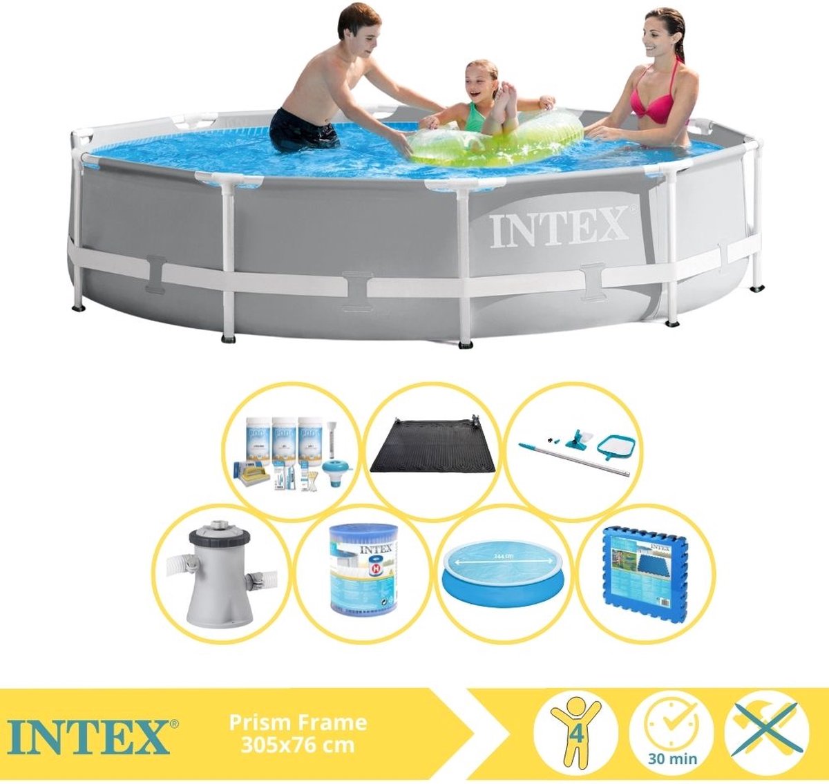   Prism Frame Zwembad - Opzetzwembad - 305x76 cm - Inclusief Solarzeil, Onderhoudspakket, Filter, Onderhoudsset, Solar Mat en Zwembadtegels