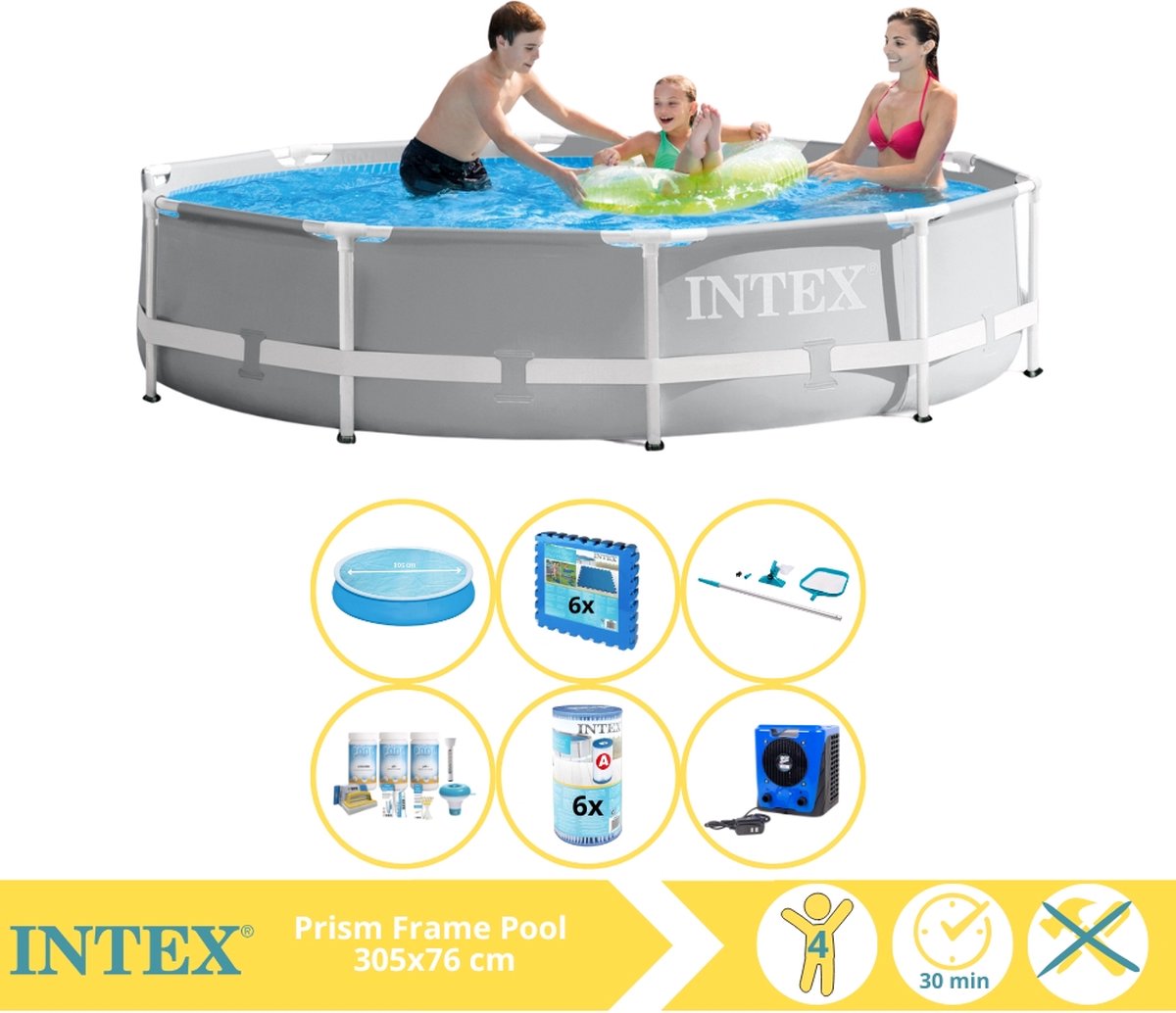   Prism Frame Zwembad - Opzetzwembad - 305x76 cm - Inclusief Solarzeil, Onderhoudspakket, Filter, Onderhoudsset, Zwembadtegels en Warmtepomp HS