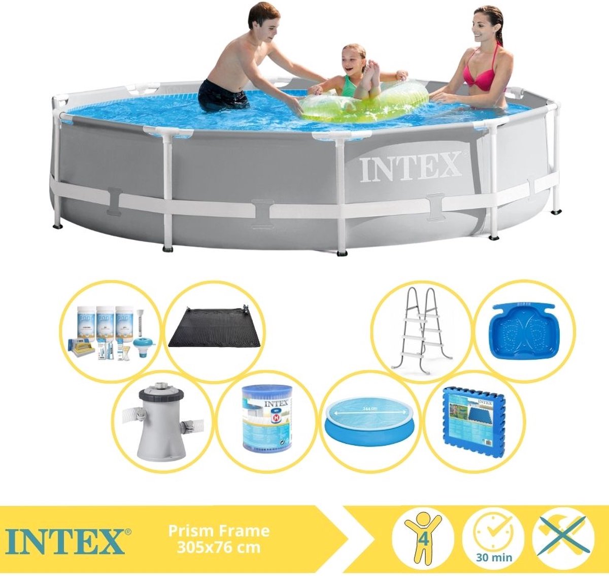   Prism Frame Zwembad - Opzetzwembad - 305x76 cm - Inclusief Solarzeil, Onderhoudspakket, Filter, Solar Mat, Trap, Voetenbad en Zwembadtegels