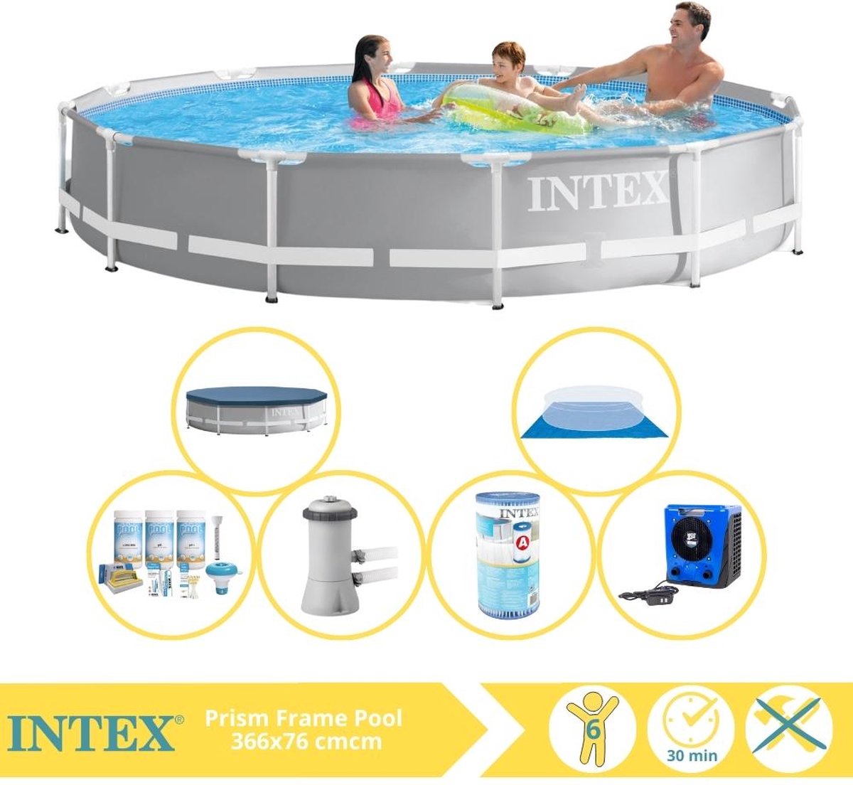   Prism Frame Zwembad - Opzetzwembad - 366x76 cm - Inclusief Afdekzeil, Onderhoudspakket, Zwembadpomp, Filter, Grondzeil en Warmtepomp HS