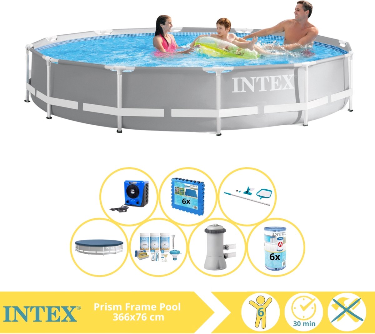   Prism Frame Zwembad - Opzetzwembad - 366x76 cm - Inclusief Afdekzeil, Onderhoudspakket, Zwembadpomp, Filter, Onderhoudsset, Zwembadtegels en Warmtepomp HS