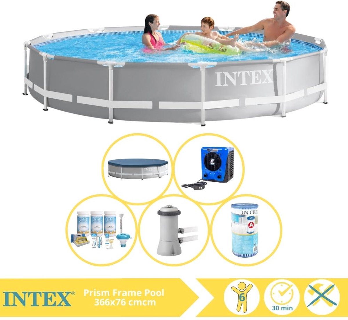  Prism Frame Zwembad - Opzetzwembad - 366x76 cm - Inclusief Afdekzeil, Onderhoudspakket, Zwembadpomp, Filter en Warmtepomp HS