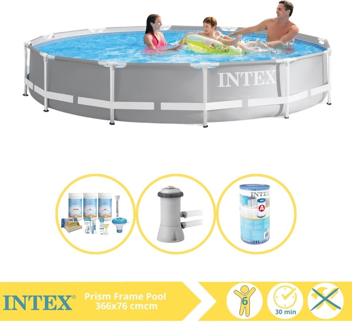   Prism Frame Zwembad - Opzetzwembad - 366x76 cm - Inclusief Onderhoudspakket, Zwembadpomp en Filter