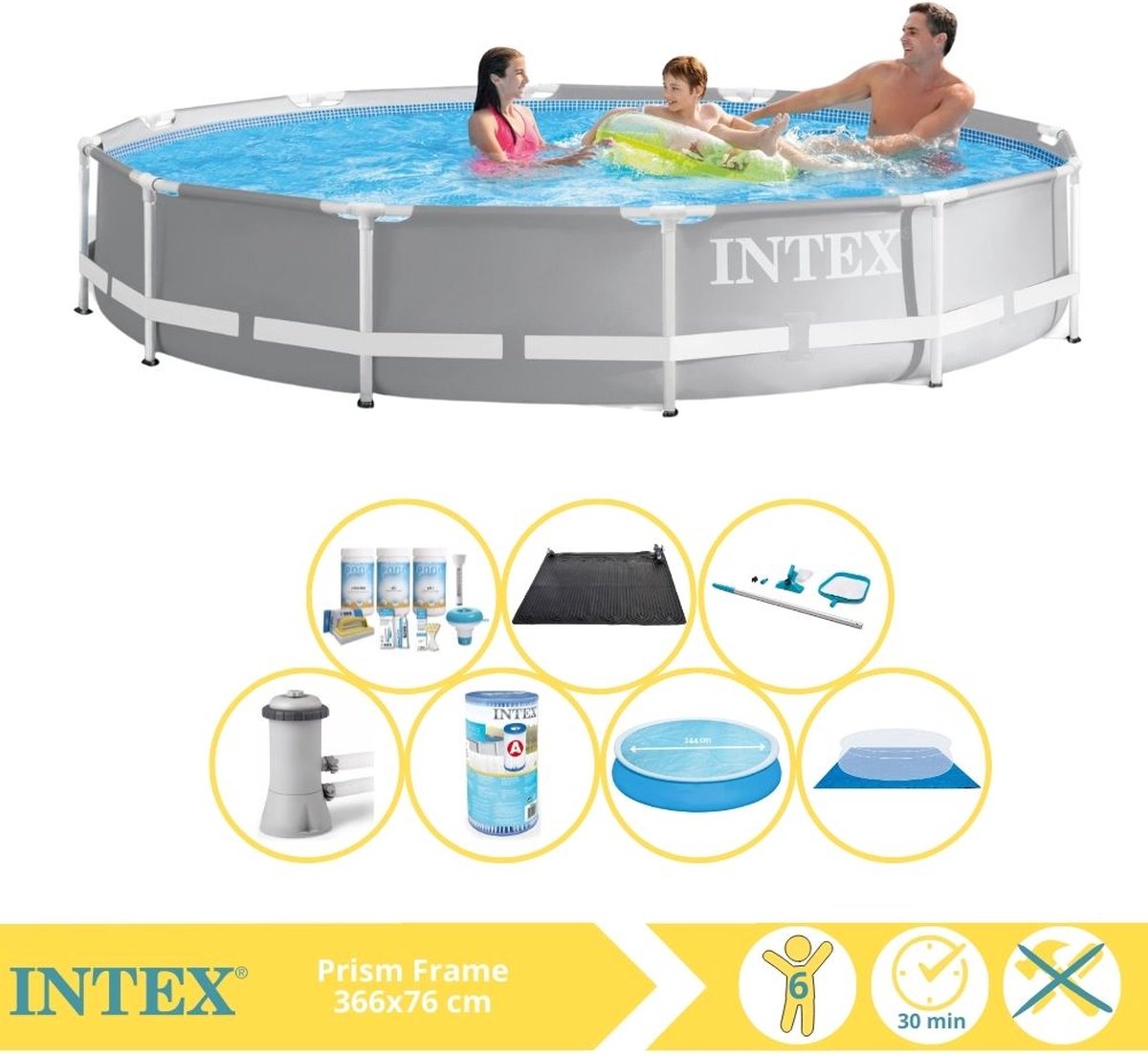   Prism Frame Zwembad - Opzetzwembad - 366x76 cm - Inclusief Solarzeil, Onderhoudspakket, Zwembadpomp, Filter, Grondzeil, Onderhoudsset en Solar Mat