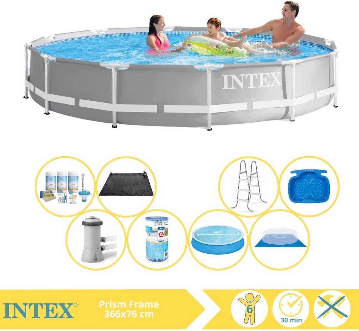   Prism Frame Zwembad - Opzetzwembad - 366x76 cm - Inclusief Solarzeil, Onderhoudspakket, Zwembadpomp, Filter, Grondzeil, Solar Mat, Trap en Voetenbad