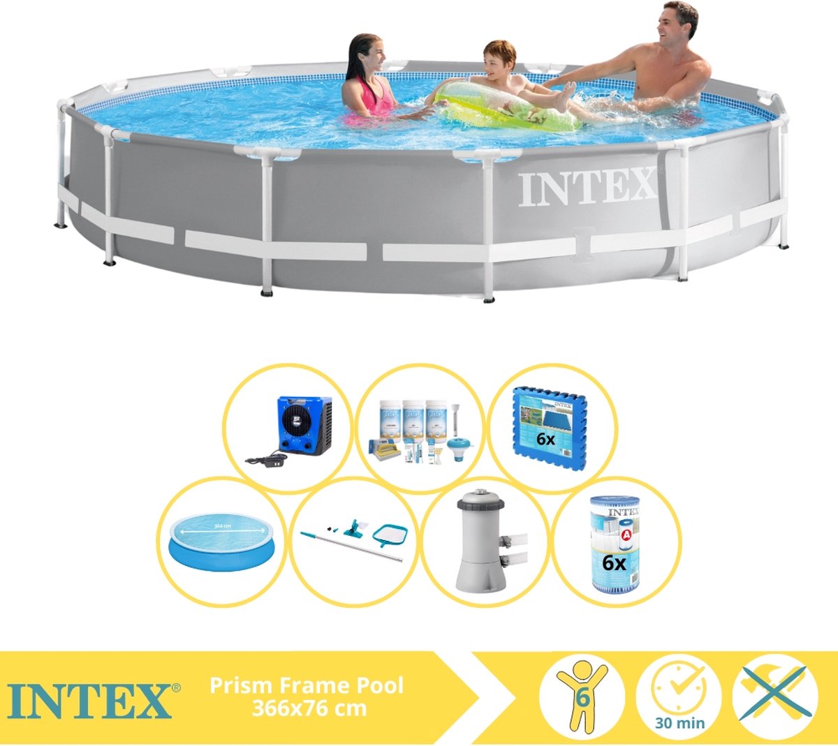   Prism Frame Zwembad - Opzetzwembad - 366x76 cm - Inclusief Solarzeil, Onderhoudspakket, Zwembadpomp, Filter, Onderhoudsset, Zwembadtegels en Warmtepomp HS