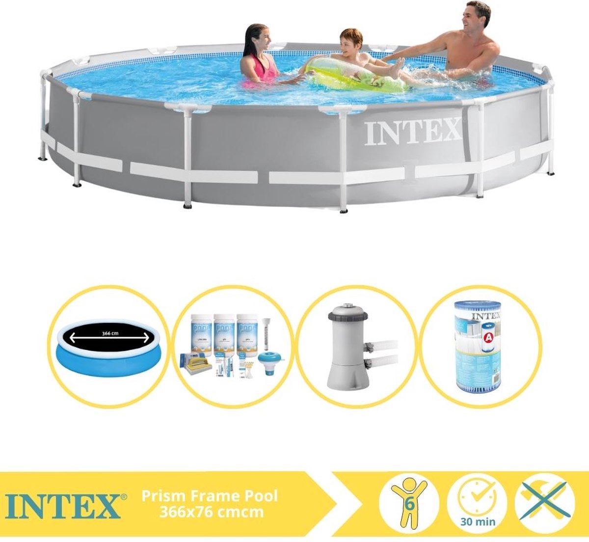   Prism Frame Zwembad - Opzetzwembad - 366x76 cm - Inclusief Solarzeil Pro, Onderhoudspakket, Zwembadpomp en Filter