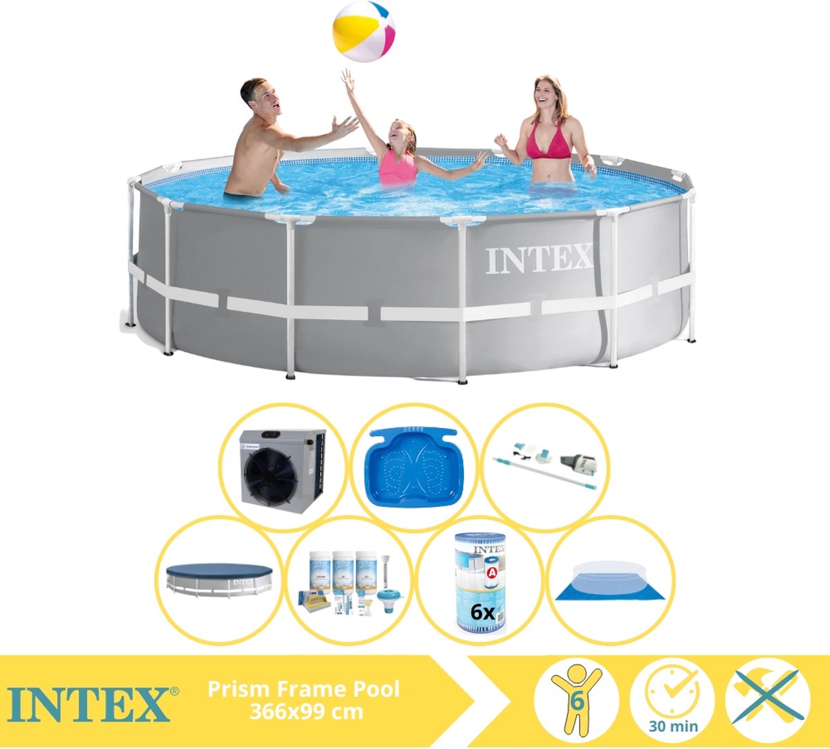   Prism Frame Zwembad - Opzetzwembad - 366x99 cm - Inclusief Afdekzeil, Onderhoudspakket, Filter, Grondzeil, Stofzuiger, Voetenbad en Warmtepomp CP