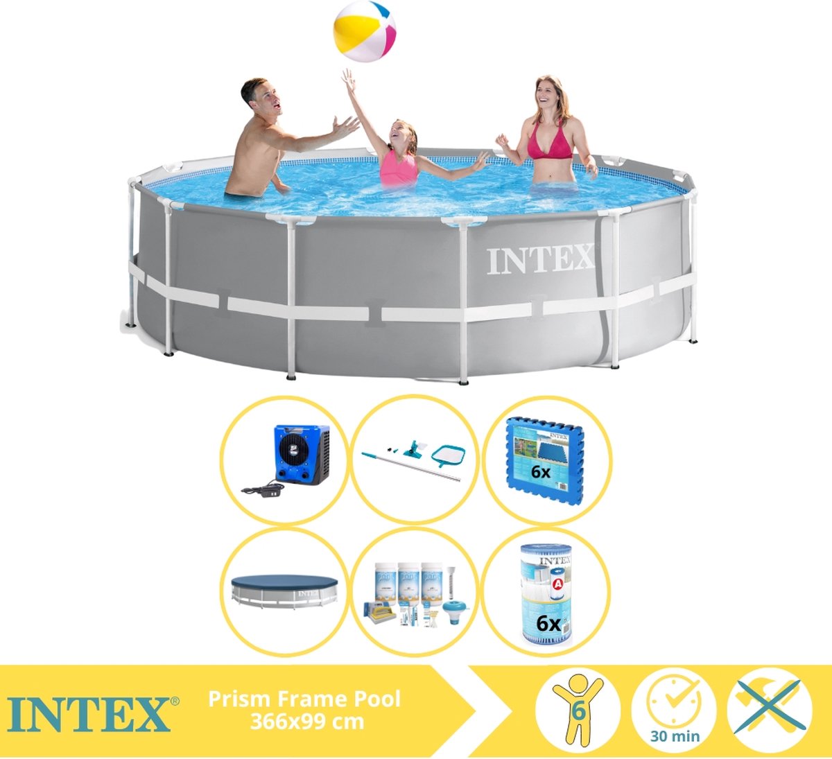   Prism Frame Zwembad - Opzetzwembad - 366x99 cm - Inclusief Afdekzeil, Onderhoudspakket, Filter, Onderhoudsset, Zwembadtegels en Warmtepomp HS
