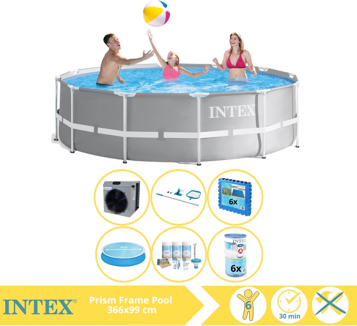   Prism Frame Zwembad - Opzetzwembad - 366x99 cm - Inclusief Solarzeil, Onderhoudspakket, Filter, Onderhoudsset, Zwembadtegels en Warmtepomp CP