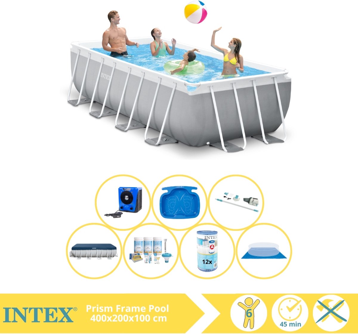   Prism Frame Zwembad - Opzetzwembad - 400x200x100 cm - Inclusief Afdekzeil, Onderhoudspakket, Filter, Grondzeil, Stofzuiger, Voetenbad en Warmtepomp HS