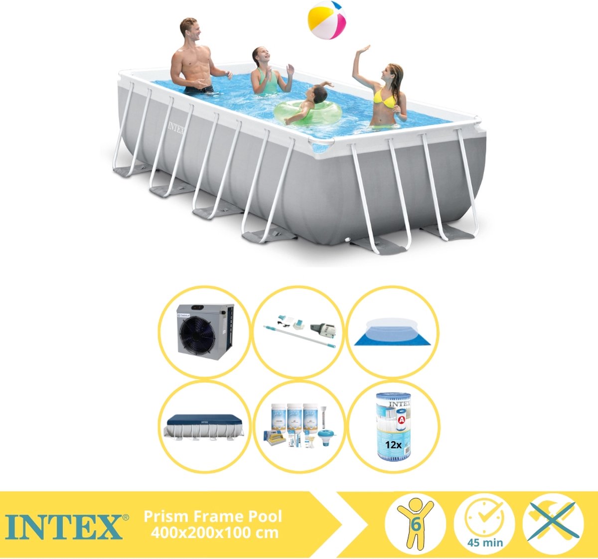 Intex Prism Frame Zwembad - Opzetzwembad - 400x200x100 cm - Inclusief Afdekzeil, Onderhoudspakket, Filter, Grondzeil, Stofzuiger en Warmtepomp CP