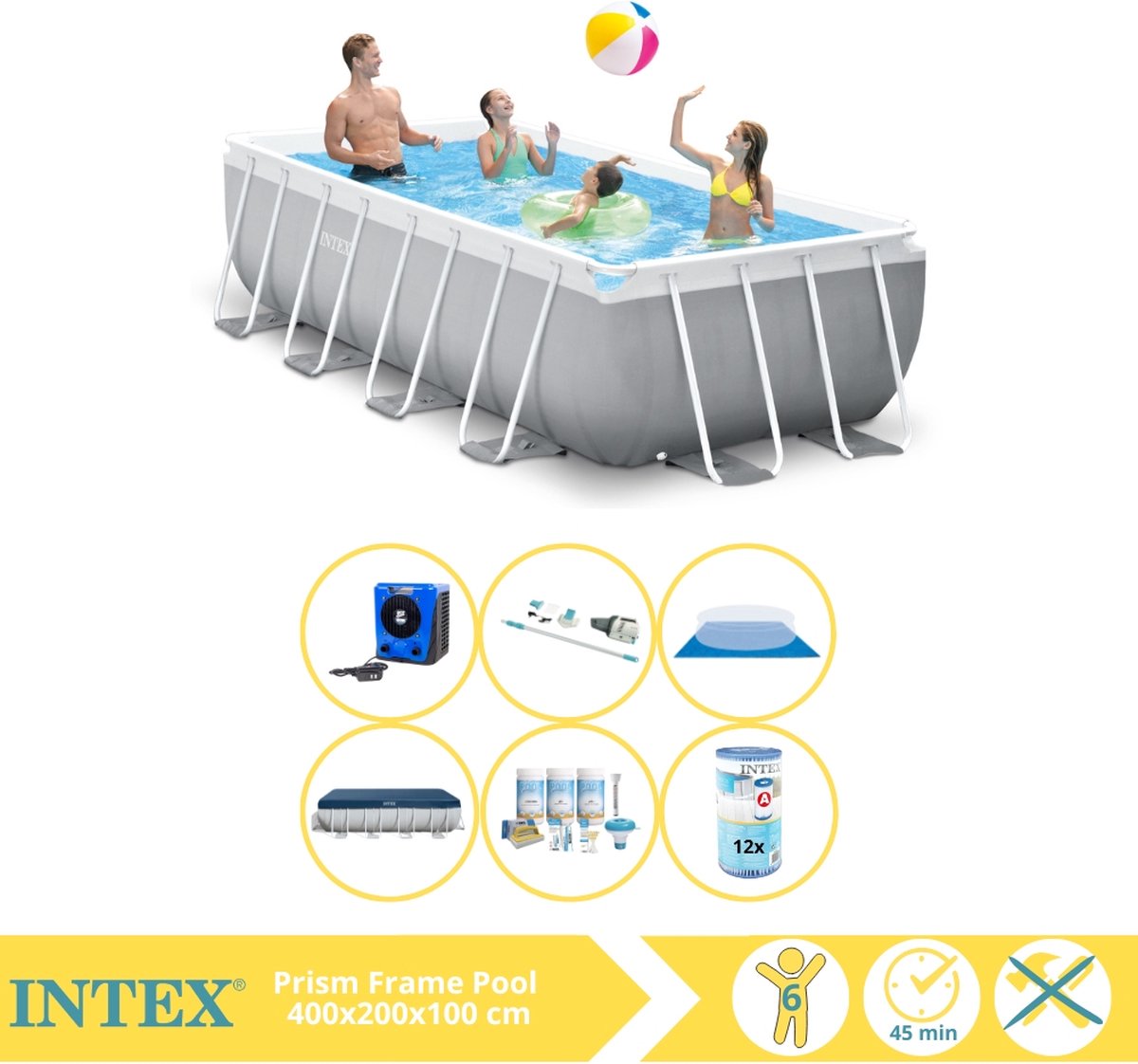 Intex Prism Frame Zwembad - Opzetzwembad - 400x200x100 cm - Inclusief Afdekzeil, Onderhoudspakket, Filter, Grondzeil, Stofzuiger en Warmtepomp HS