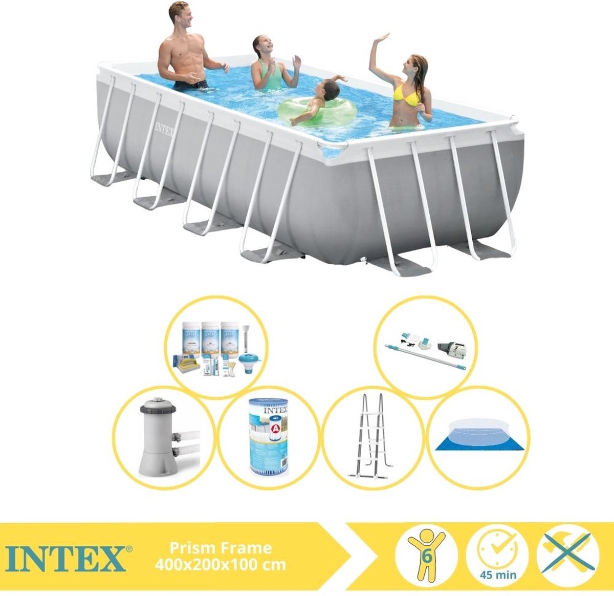 Intex Prism Frame Zwembad - Opzetzwembad - 400x200x100 cm - Inclusief Onderhoudspakket, Filter, Grondzeil en Stofzuiger