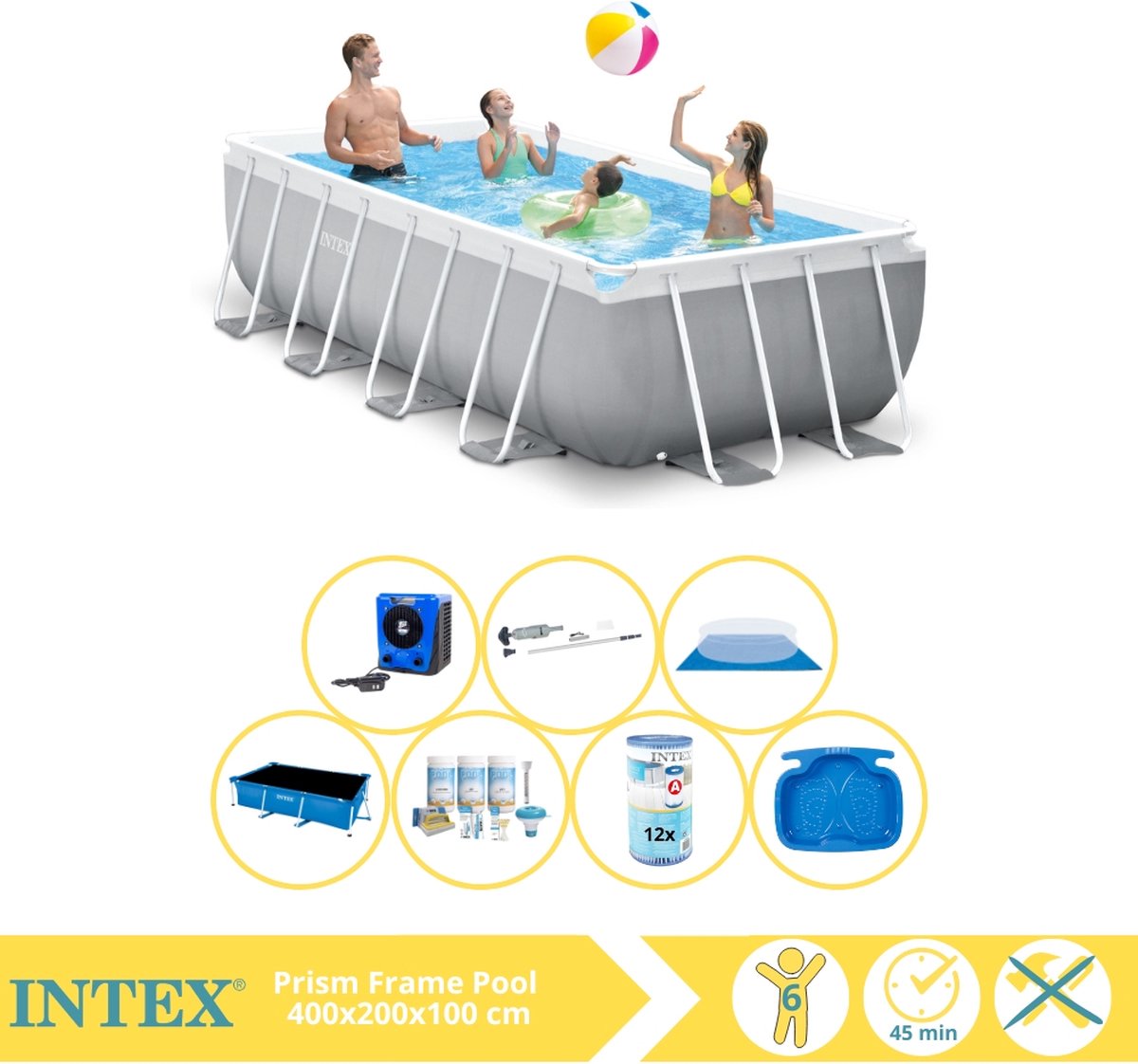 Intex Prism Frame Zwembad - Opzetzwembad - 400x200x100 cm - Inclusief Solarzeil, Onderhoudspakket, Filter, Grondzeil, Stofzuiger, Voetenbad en Warmtepomp HS